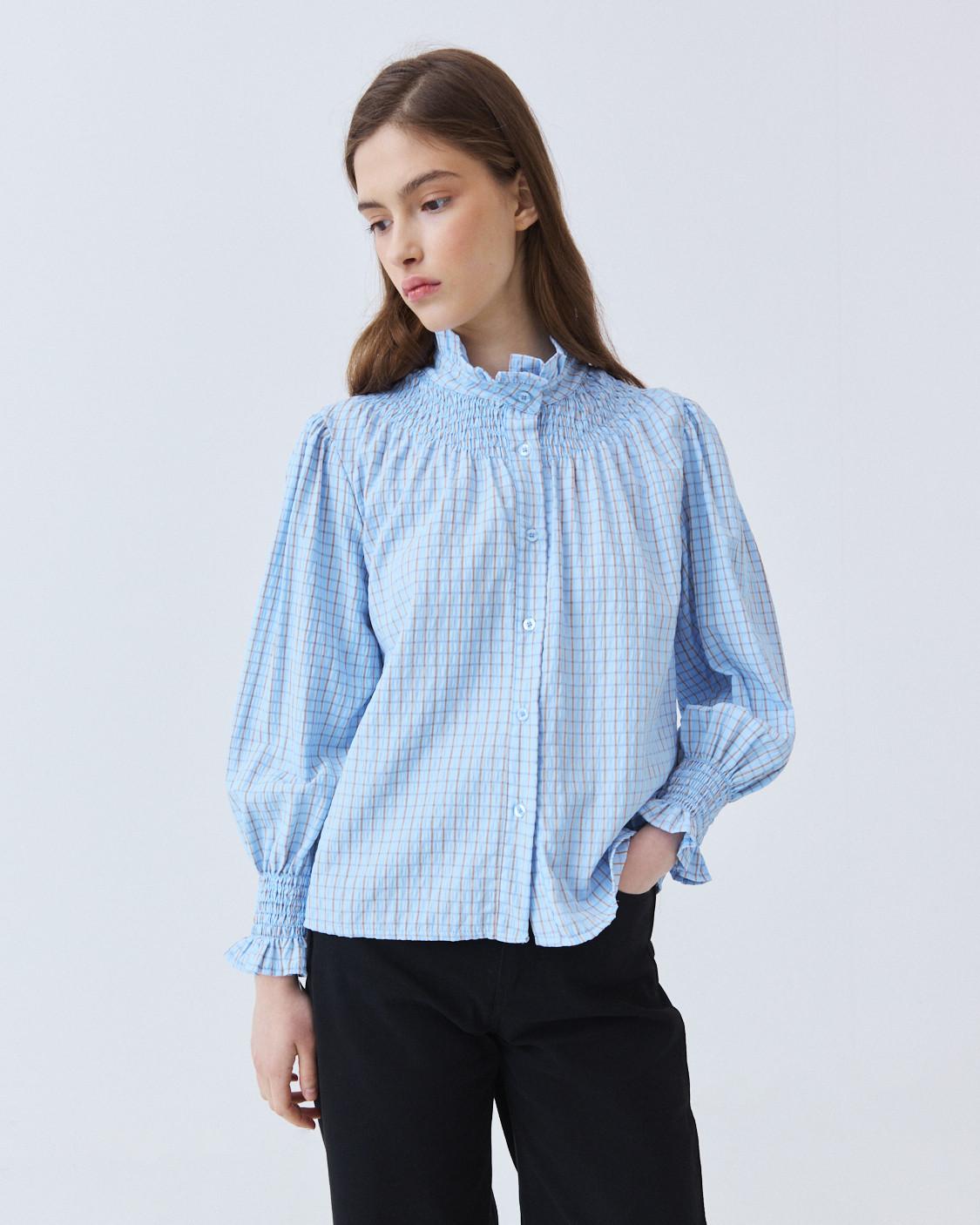 CHECKERED GATHERED-NECK SHIRT