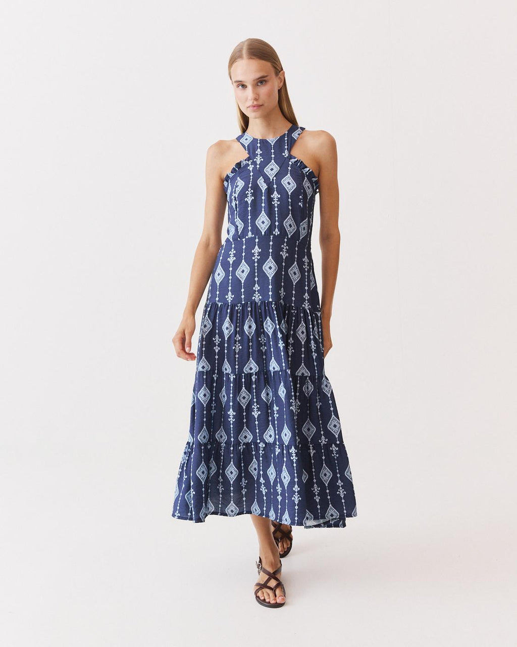 VESTIDO LARGO ESTAMPADO VOLANTES