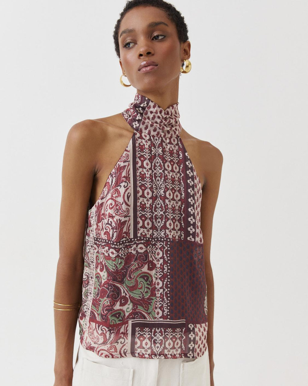 SEMI-SHEER PRINTED HALTER TOP