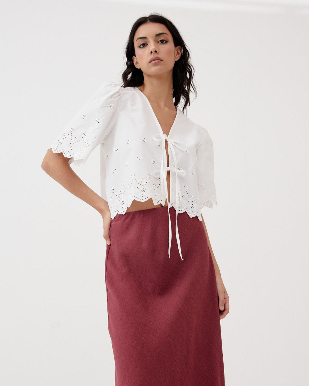 FLORAL EYELET TIE-FRONT BLOUSE