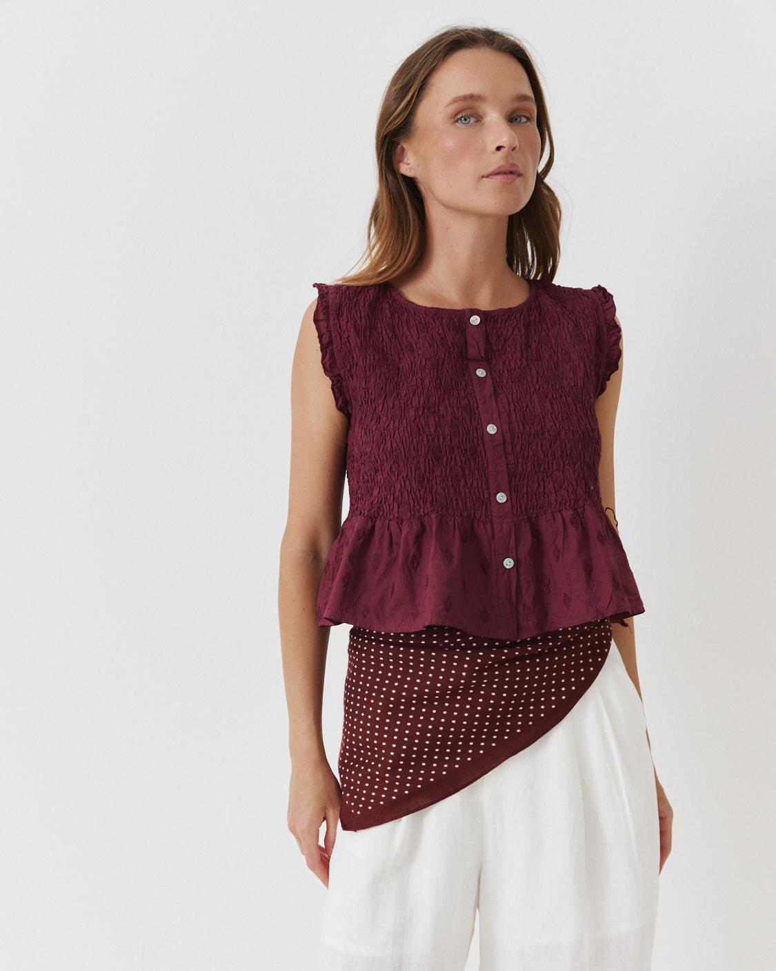 EMBROIDERED SMOCKED PEPLUM TOP