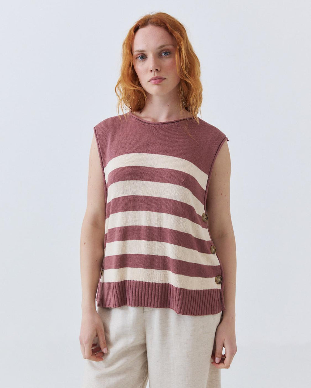 STRIPED KNIT BUTTON-UP VEST
