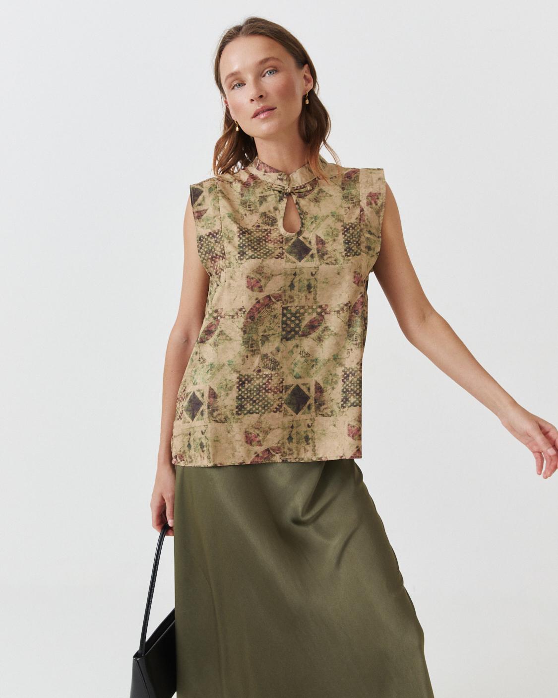 PRINTED MANDARIN COLLAR TOP