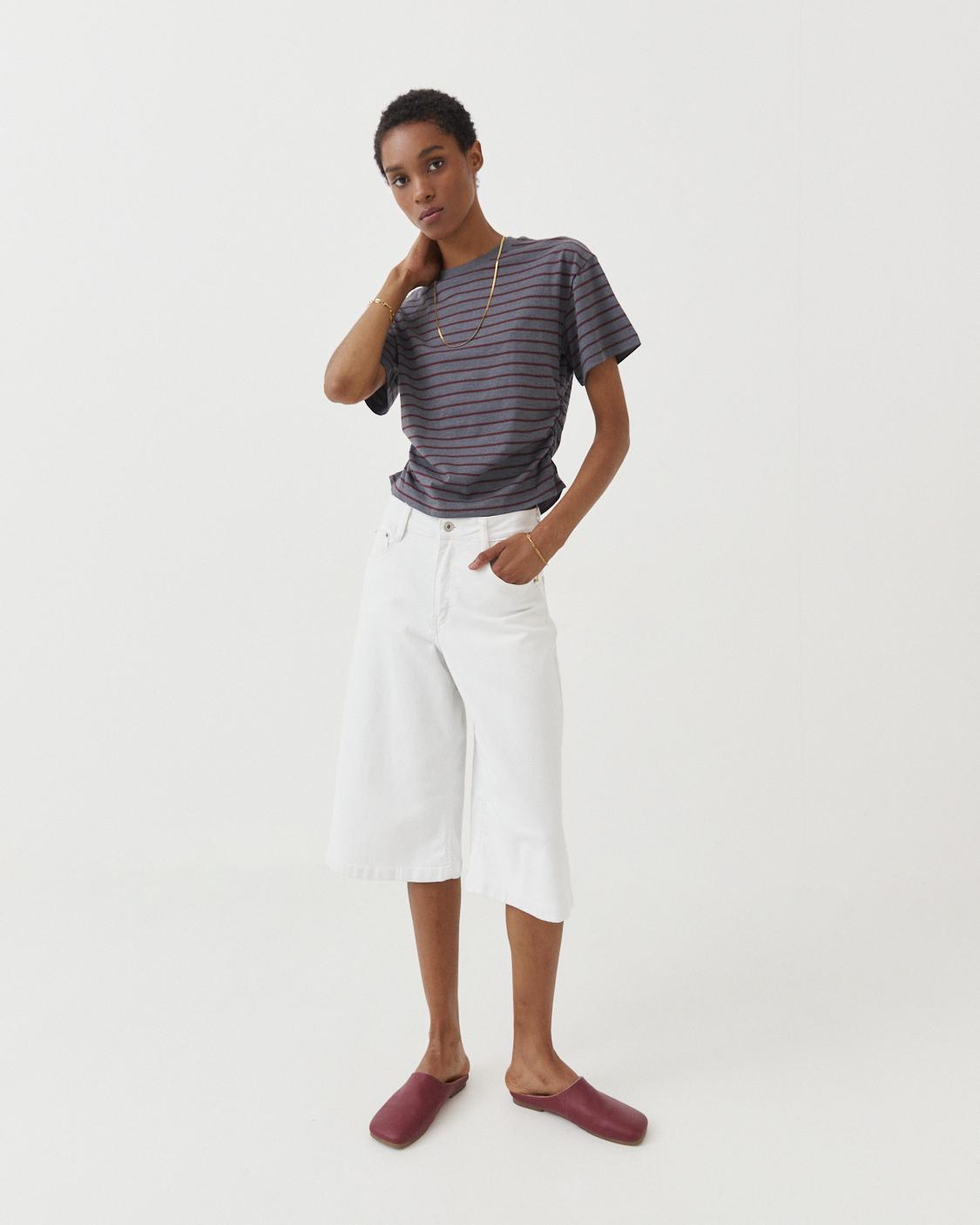 SIDE-RUFFLE STRIPED T-SHIRT