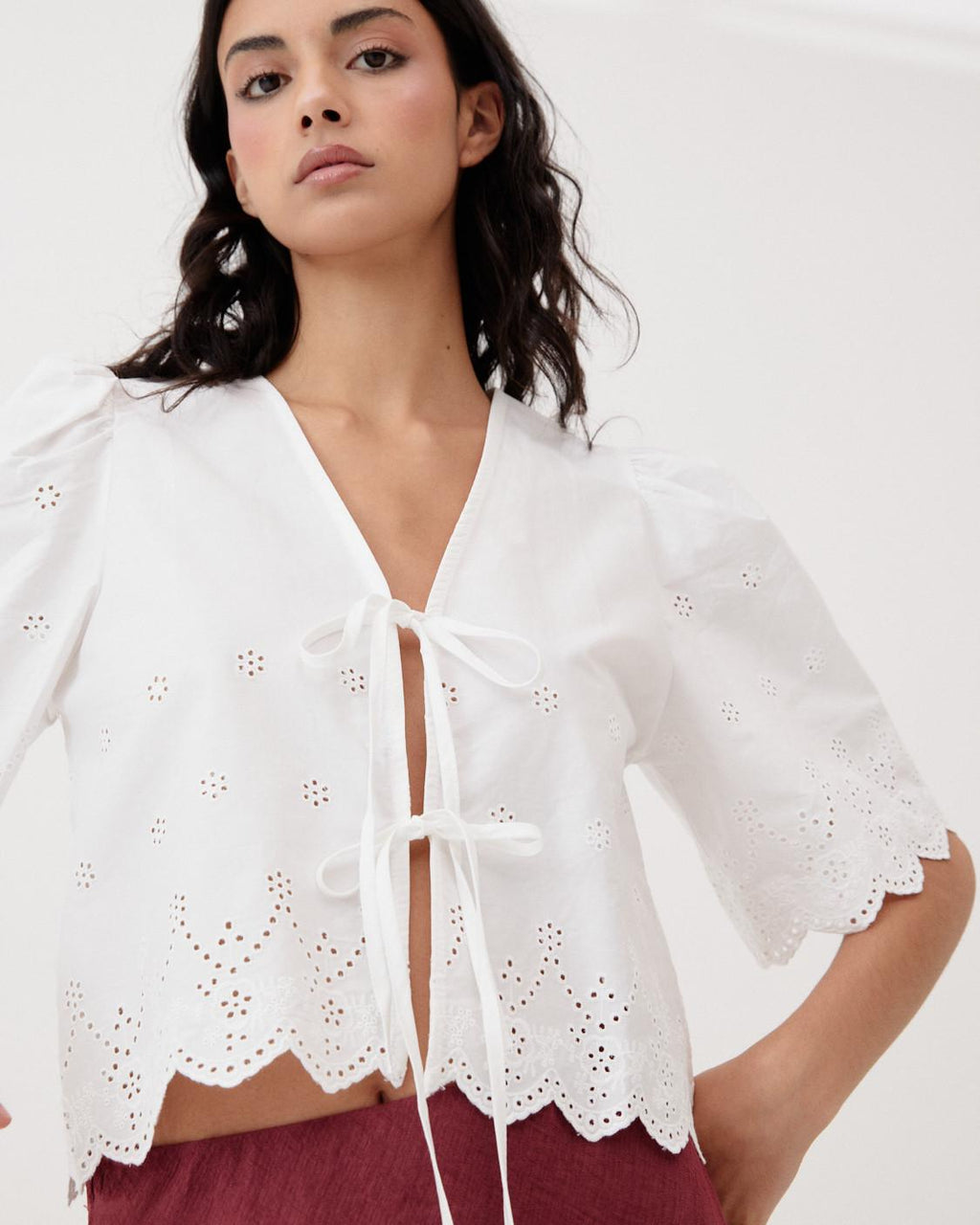FLORAL EYELET TIE-FRONT BLOUSE