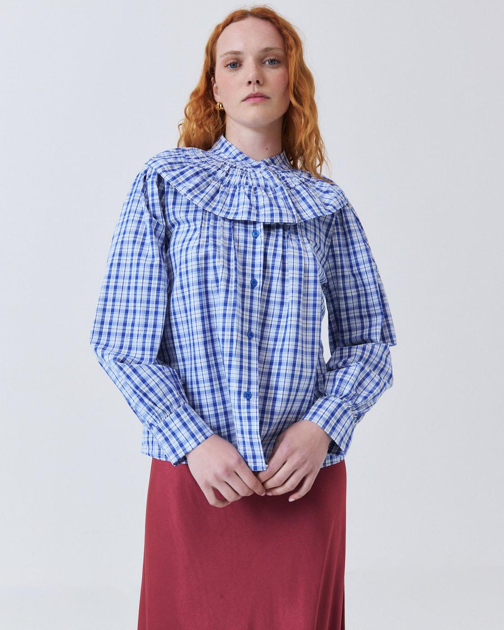RUFFLE COLLAR CHECKED SHIRT