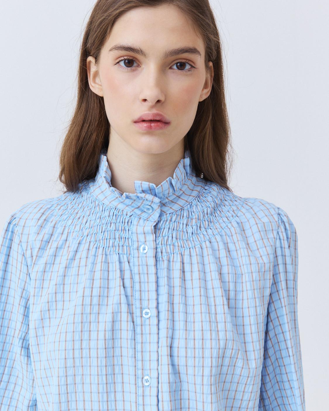 CHECKERED GATHERED-NECK SHIRT