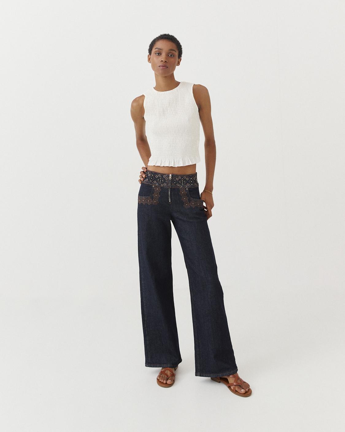 JEANS WIDE LEG BORDADOS EYELETS