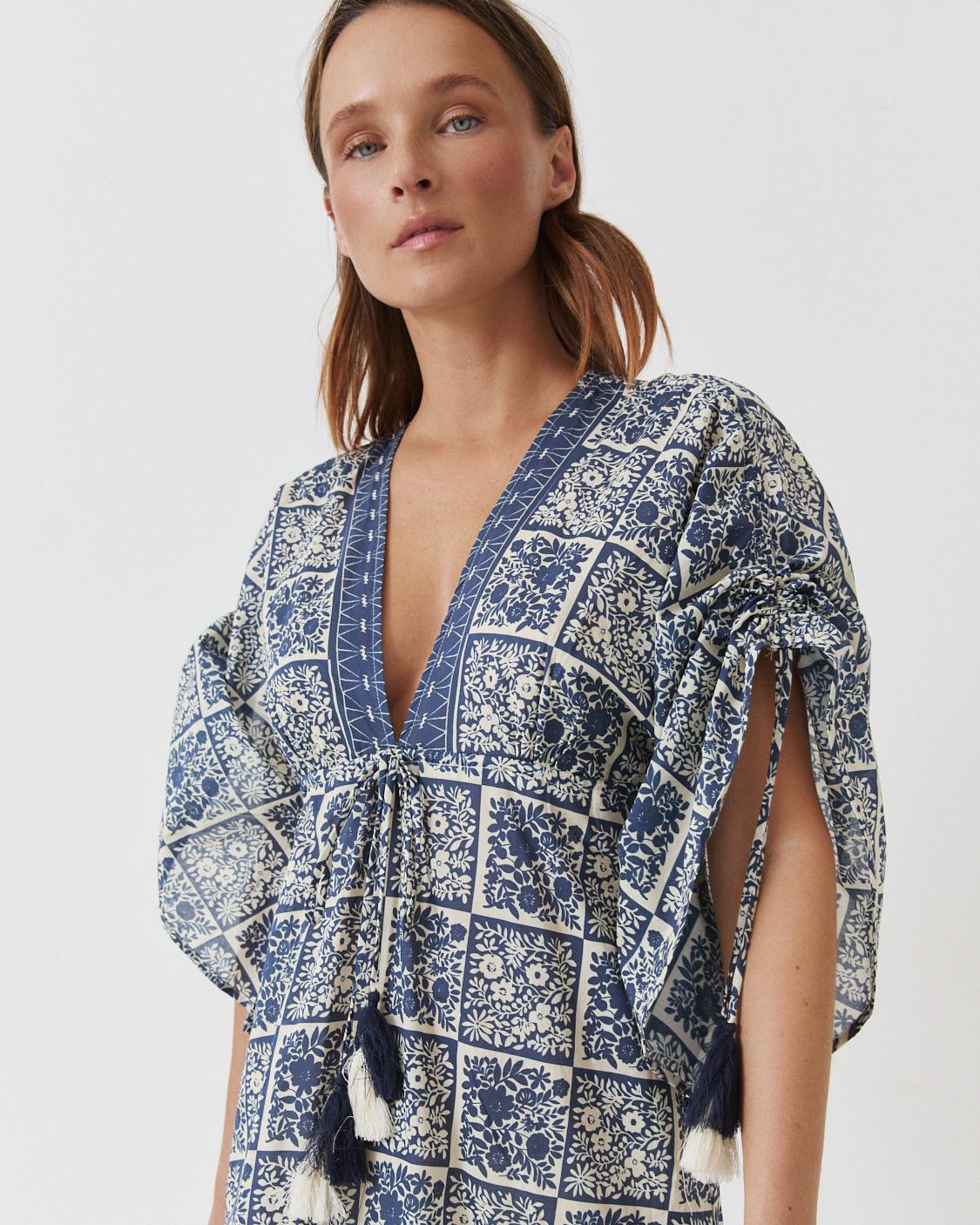 VESTIDO LARGO FLORAL MANGA KIMONO