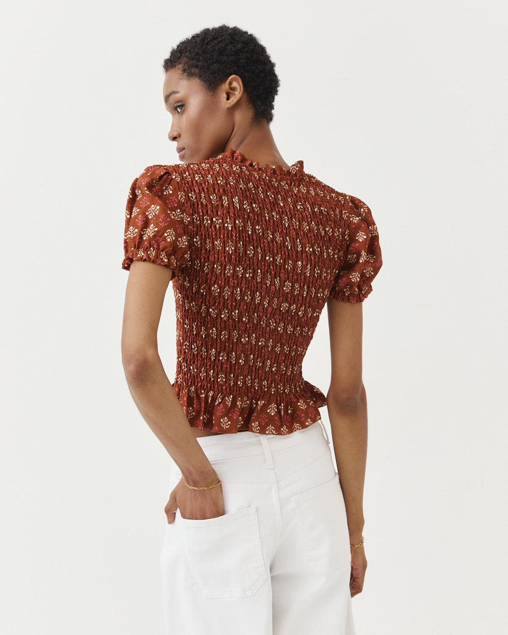 SMOCKED PRINTED BLOUSE