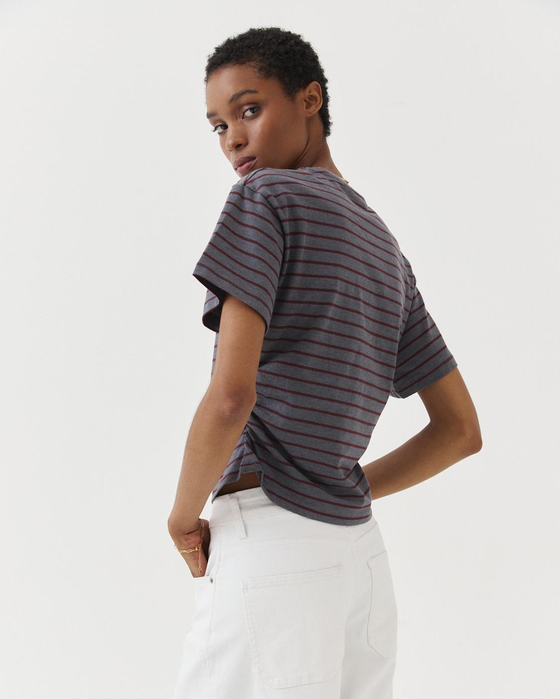 SIDE-RUFFLE STRIPED T-SHIRT