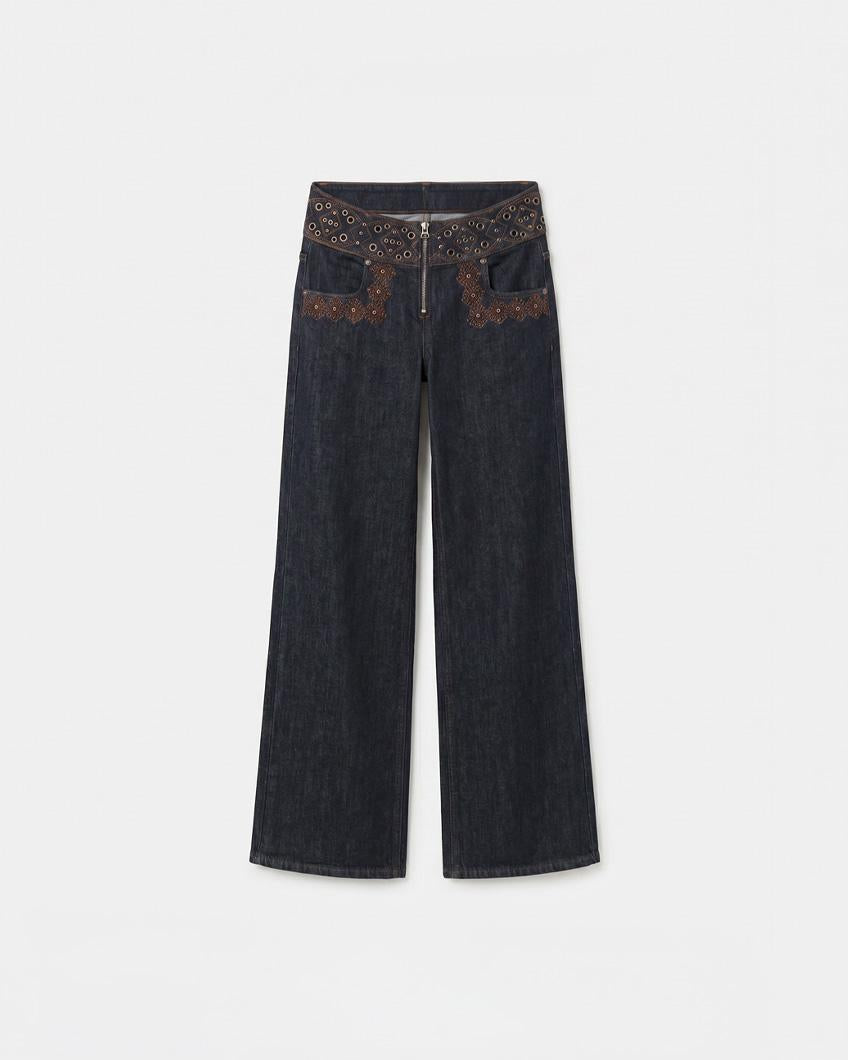 EYELET EMBROIDERED WIDE LEG JEANS